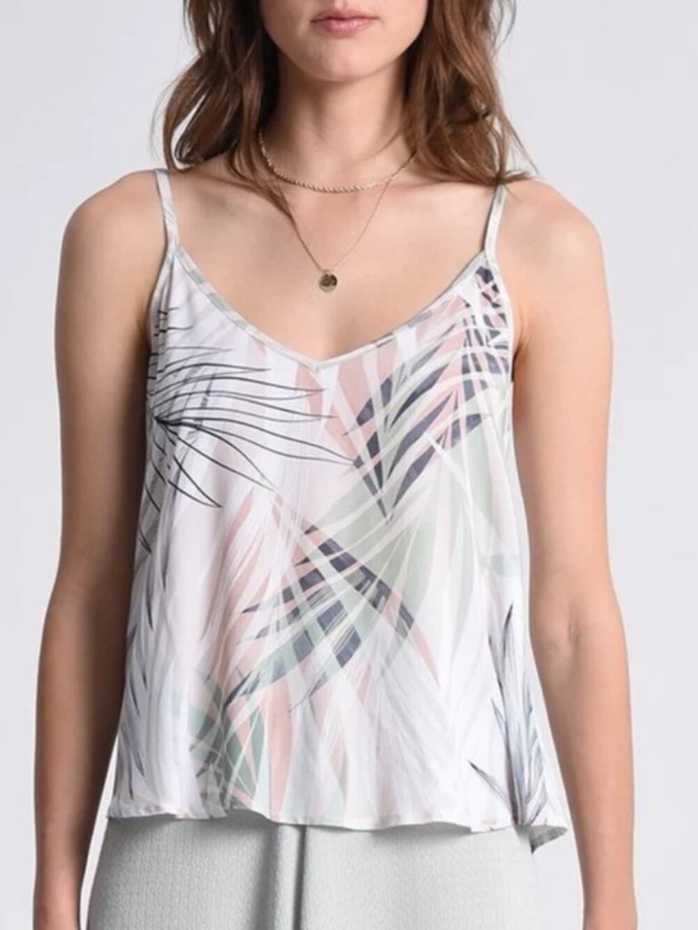 Molly Bracken Women's Beige Palm Tank V-Neck Camisole Sz L Tropical‎ Resort